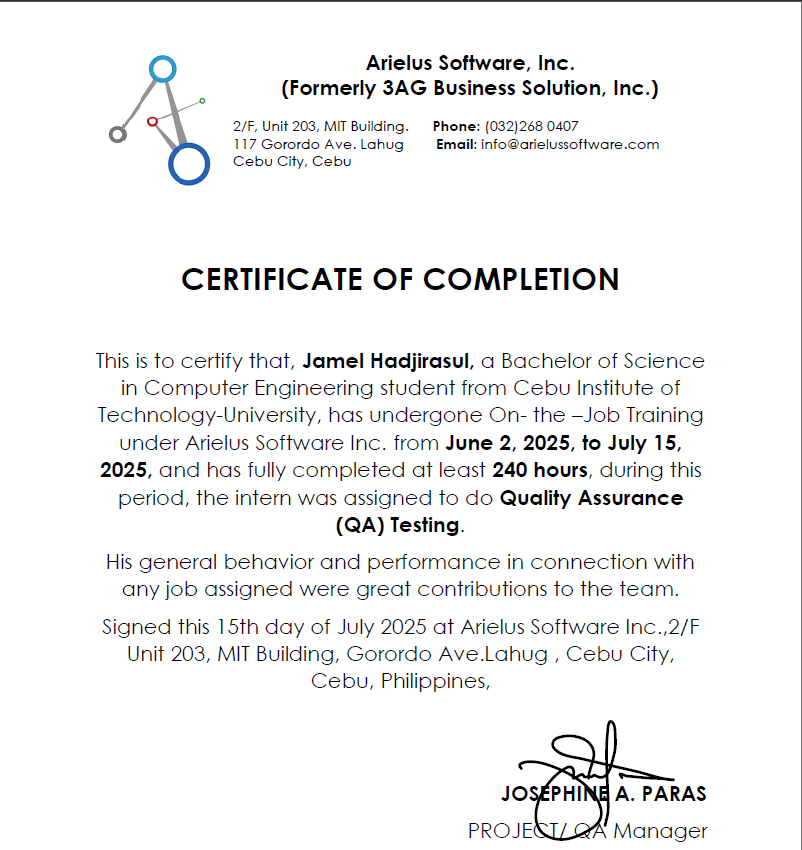 Software QA Intern Certificate of Completion